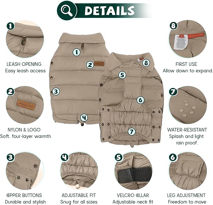 SPACE LION Dog Puffer Jacket, Down Winter Coat, Durable Outdoor Coat for Cold and Windy Conditions, Lightweight & Adjustable Fit Coats for Medium Dogs, (Khaki, Size14/L)
