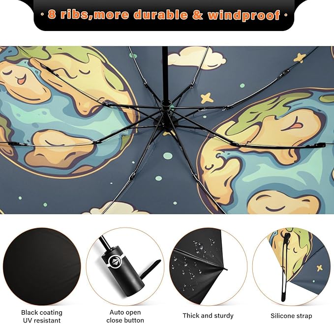 panksolu Folding Umbrella Earth Compact Travel Umbrella Automatic Portable Lightweight Windproof Umbrellas for Sun Rain UV Protection Large Portable Umbrellas