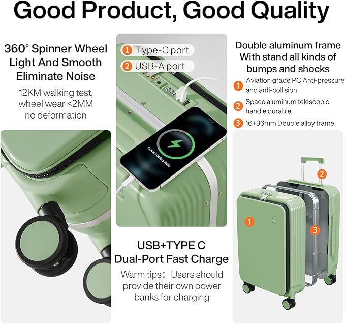 mixi Large Checked Luggage with Cup Phone Holder and Charger Hard Shell Suitcases with Spinner Wheels, 26 Inch Avocado Green