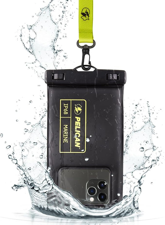 Pelican Marine - IP68 Waterproof Phone Pouch (Regular Size) Floating Waterproof Phone Case - Beach Cruise Ship Travel Essentials - Works with All Phones - Detachable Lanyard - Black/Hi-Vis Yellow