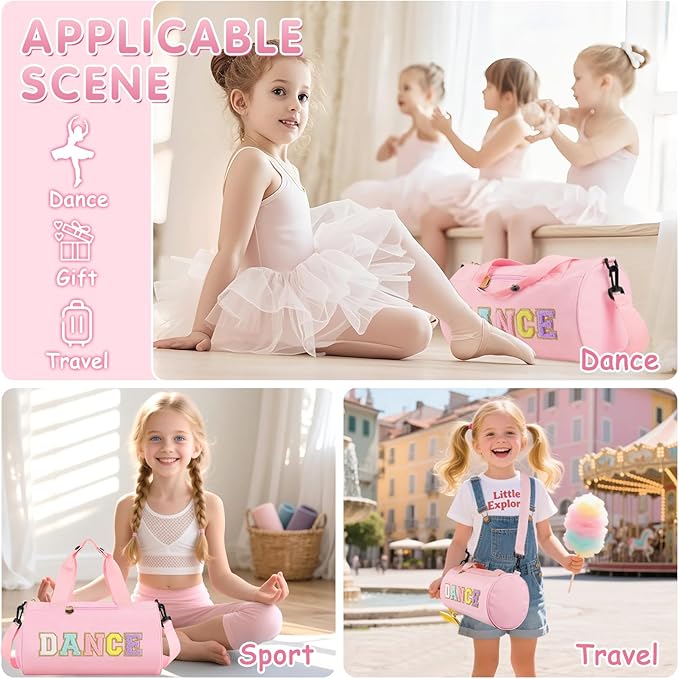 Dance Ballet Bag for Girls, Personalized Sport Gym Workout Toddler Duffel Bag Small Cheer Dance Bags,Cute Chenille Letter Waterproof kids Travel Duffel Bags Gifts for Teens Girl Dancers Athletes(Pink)