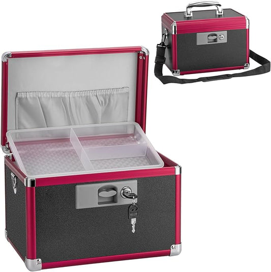 Medicine Lock Box for Safe Medication - 13.4 x 7.6 x 8.2 Inches - Lockable Storage Box for Drugs, First Aid Kit Empty, Lock Boxes with Key for Home/Outdoor (Black & Red/Large)