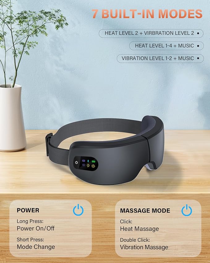 Eye Massager with Heat, 7 Massage Modes, Eye Mask, Birthday Gifts for Women, Men, Friend, Mom and Dad, Sleep Mask for Relax, Migraine Relief, Reduce Strain, Improve Sleep, Black