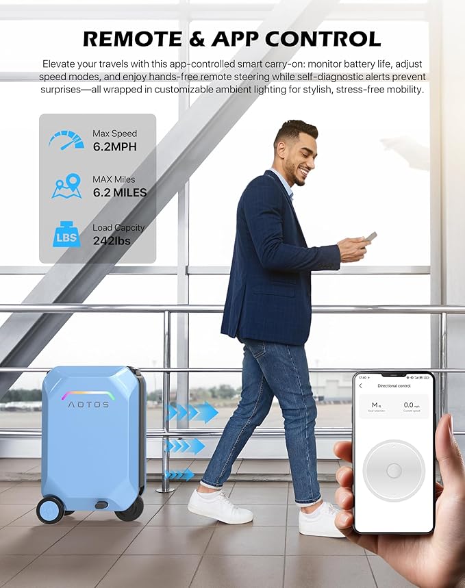 AOTOS Rideable Electric Luggage – 22" App-Controlled Ride-On Carry-On with Inline Skate Wheels, TSA-Approved Hardshell, Zipperless Design (22x14x9 Inches)