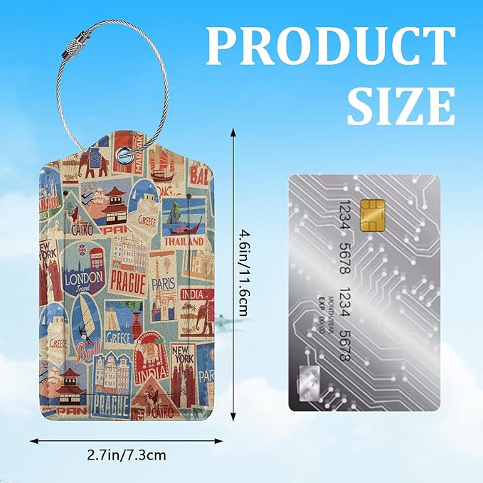 2 Pack Luggage Tag for Suitcase,City Travel Stamps Luggage Tag with PU Leather Privacy Cover ID Label & Stainless Steel Loop for Women Men Travel Bag Suitcase