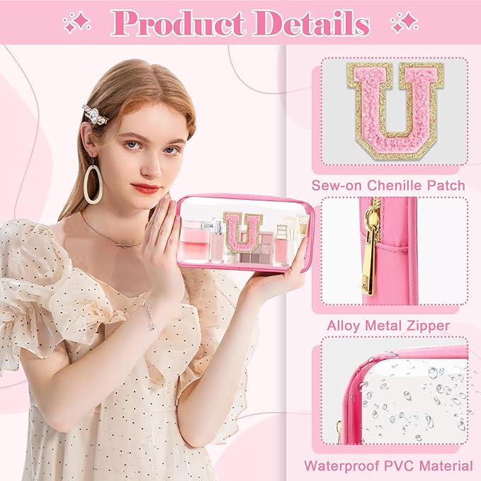 Personalized Initial Letter Clear Makeup Bag,Preppy Small Nylon&PVC Cosmetic Zipper Bag with Chenille Letter,Portable Beach Travel Skincare Toiletry Bag,Trendy Monogram Gift for Teen Girls Women,U