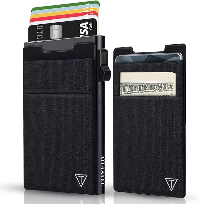 Slim RFID Blocking Wallets,Pop Up Minimalist Card Holder for Men & Women Metal Thin Front Pocket Wallet Credit Card Holder with Elastic Coin Pocket,6-12 Card Capacity,Black
