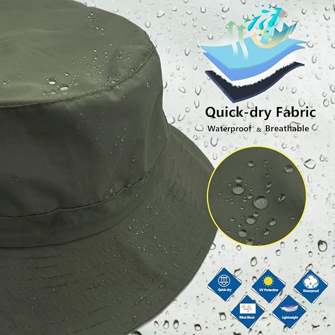 woogwin Waterproof Bucket Rain Hat with Chin Strap Quick Dry Packable Boonie Sun Hat Safari Hat UV Protection
