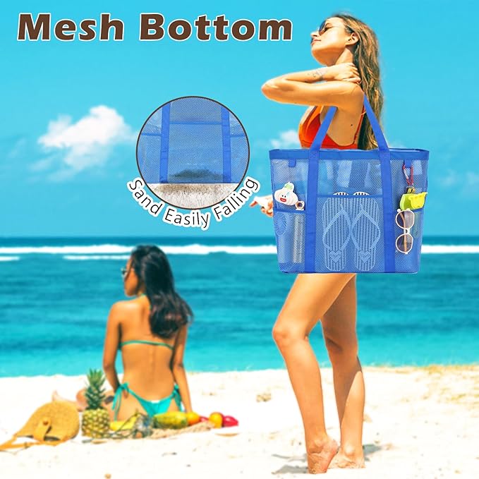 Mesh Beach Bag, Large Beach Tote with Zipper Pocket for Family Pool Bag for Toys & Vacation Essentials
