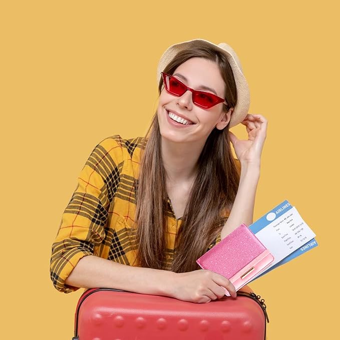 Caweet Passport Holder and Vaccine Card Holder Combo RFID Blocking Leather Vaccination Card Wallet with Elastic Band Closure, Glitter Pink