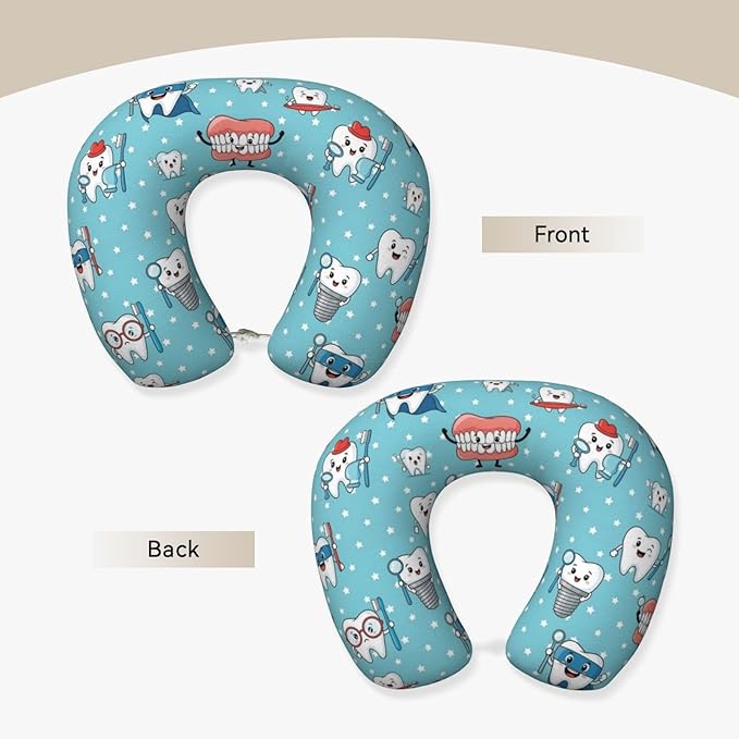 Unique Travel U Shaped Pillows Cute Dental Teeth Blue for Airplanes Car Flight, Comfortable Chin Head Neck Cushion Supporting, Polyester Removable Cover