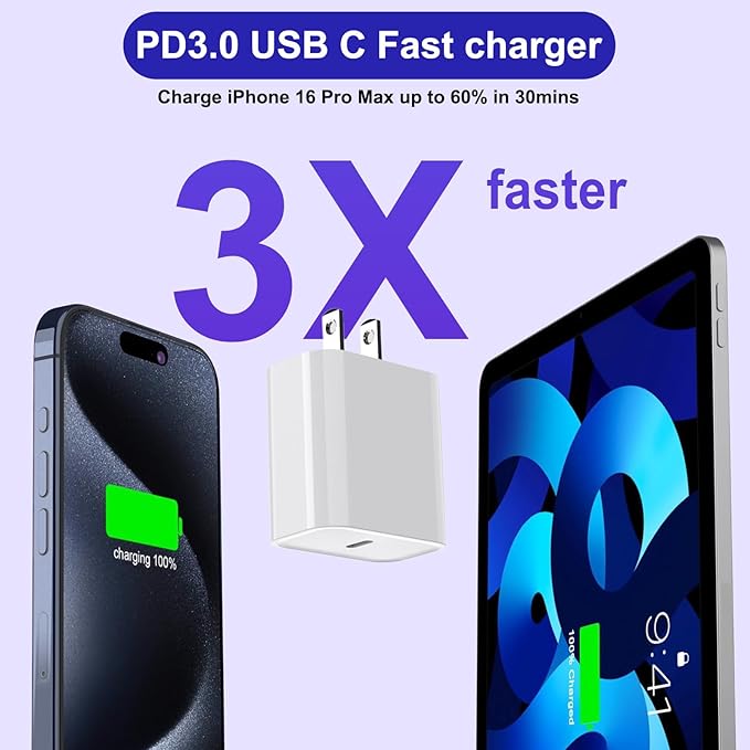 iPhone 16 15 Charger Fast Charging, 2Pack 20W USB C Wall Charger Blocks Adapter Cube with Fast Charging USB C Cable Quick Charge Cord for iPhone 16/16 Plus/16 Pro/16 Pro Max/16e/15/15 Pro Max/iPad Air