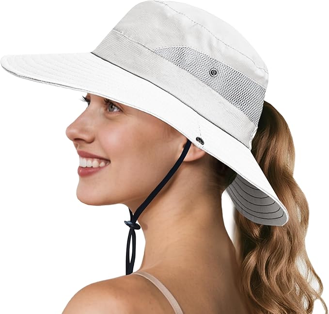 NPQQUAN Ponytail Sun Bucket Hats for Women Men Wide Brim UPF 50+ Fishing & Beach Hats