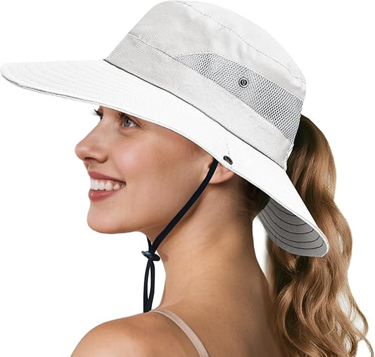 NPQQUAN Ponytail Sun Bucket Hats for Women Men Wide Brim UPF 50+ Fishing & Beach Hats