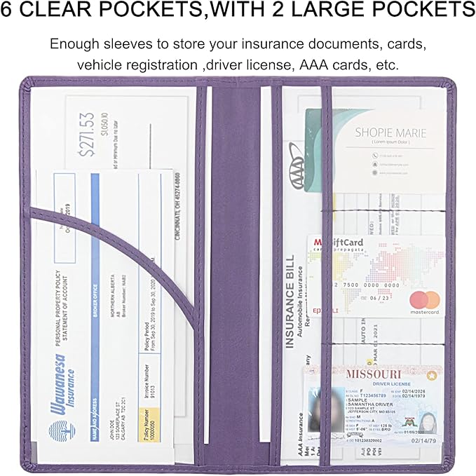 Premium Car Registration & Insurance Card Holder with Magnetic Shut, Vehicle Glove Box Car Organizer - For Documents, Cards, License (Purple)