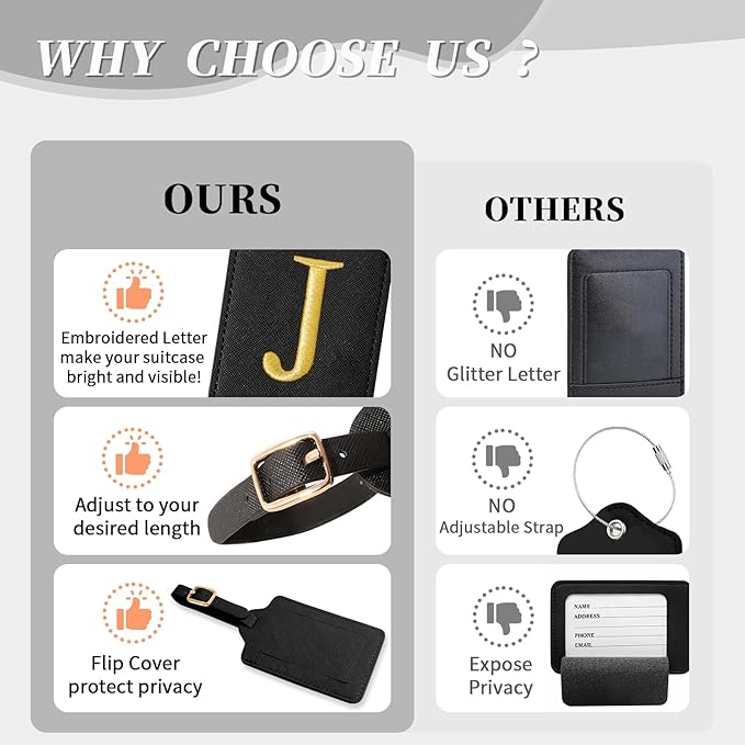 Personalized Initial Luggage Tags for Suitcase TSA Approved, Black Leather Cute Luggage Tag with Privacy Cover Name Card, Embroidered Custom Luggage Tags Travel Backpack Tags Gifts for Women Kids(J)