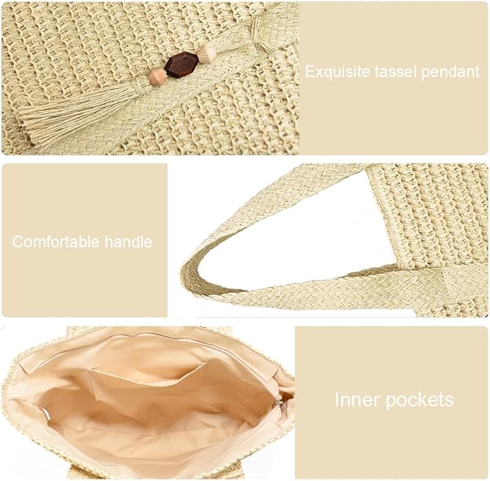 Straw Beach Bags for Women Woven Beach Tote Bag Casual Boho Large Shoulder Handbags Purse for Vacation Holiday