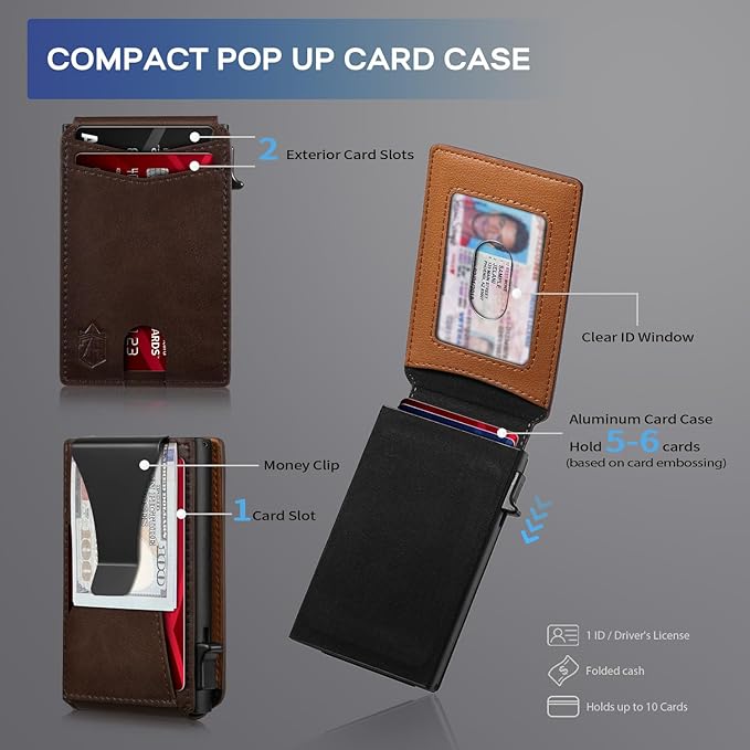 Zitahli Wallet for Men, Pop Up Metal Wallet with Money Clip & ID Window, RFID Blocking Credit Card Holder, Bifold Card Wallet Holds 8+ Cards Plus Cash Idea Gifts for Men