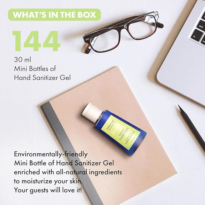 Terra Pure Hotel Hand Sanitizer Gel | Mini Hand Sanitizer Bulk | Alcohol-Free with Organic Aloe Vera | 1oz Bottles | Case of 144