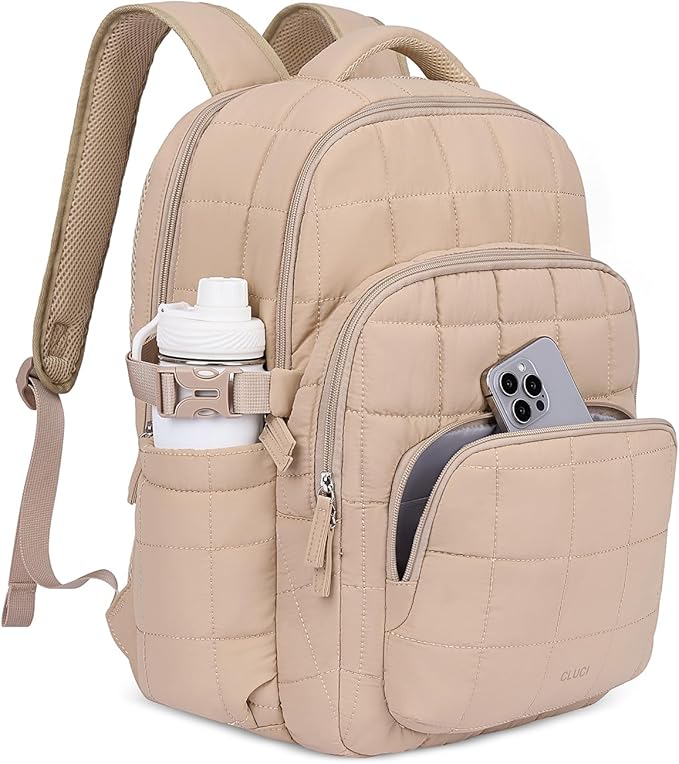 CLUCI 17.3 Inch Laptop Backpack for Women, Anti Theft Travel Backpack, Puffer Quilted Work Backpack, Water Resistant College Bookbag, Carry on backpack with RFID (Khaki)