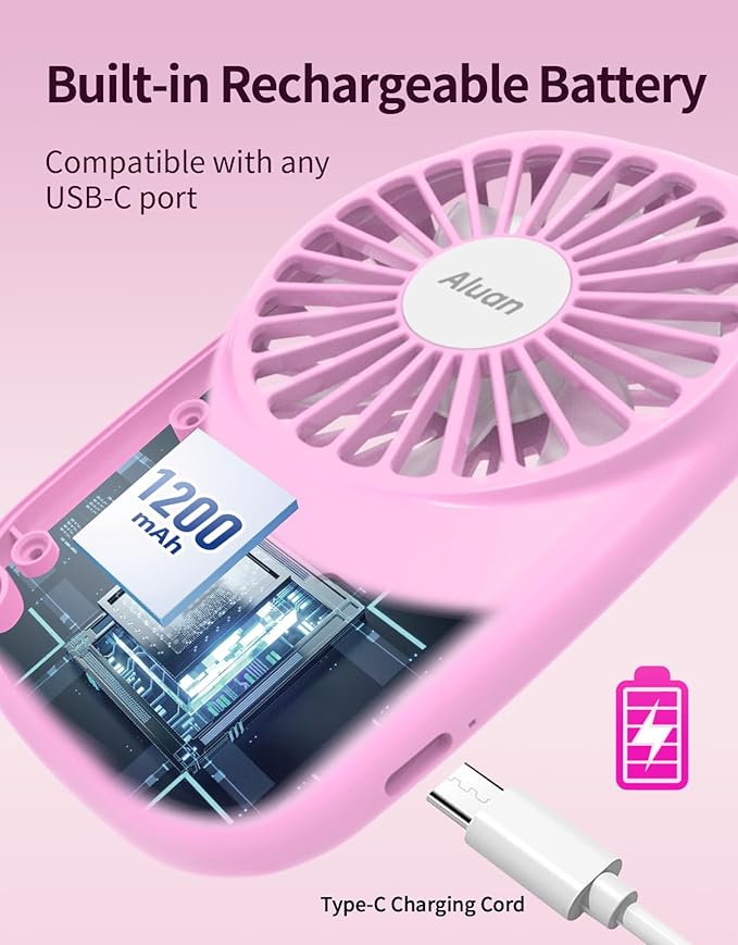 Aluan Handheld Mini Fan Powerful Small Personal Portable Speed Adjustable USB Rechargeable Eyelash Fan for Kids Girls Boys Woman Man Home Office Outdoor Travel, Pink