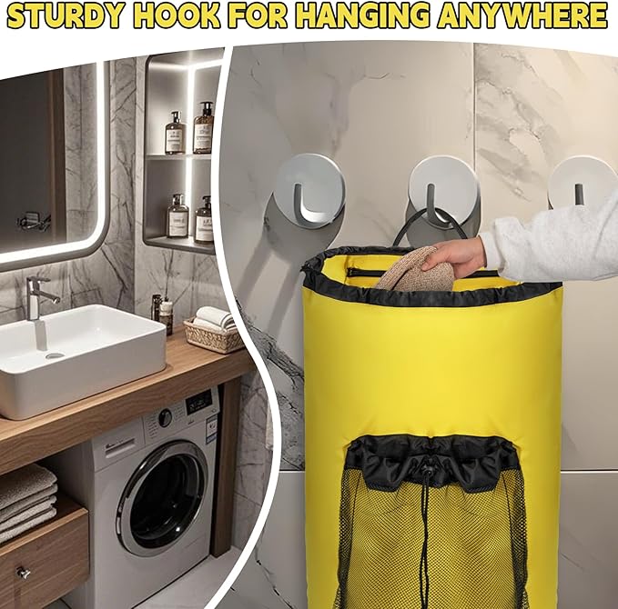 Laundry Bag Backpack with Shoulder Straps and Mesh Pocket Foldable Clothes Hamper Bag with Drawstring Closure for College, Apartment, Laundromat (Yellow)