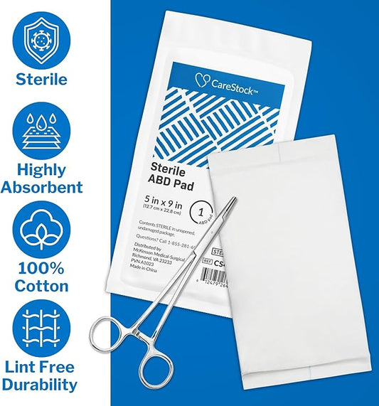 CareStock Abdominal Pads 5x9 in [400-Pack] Sterile ABD Pads, Extra Absorbent, Individually Wrapped, Wound Care First Aid, 20 Count, Pack of 20