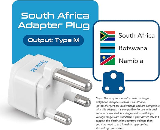 Ceptics South Africa Travel Plug Adapter (Type M) - 3 Pack [Grounded & Universal] (GP-10L-3PK)