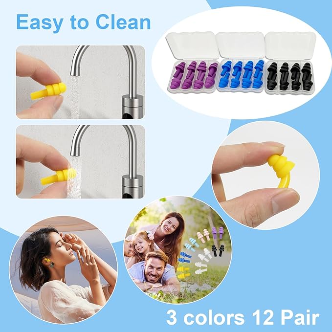 Ear Plugs for Sleeping,12 Pair Earplugs Noise Canceling Soft Silicone Ear Plug Reusable Earplugs for Sleep,Concert,Swimming,Study,Loud Noise,Snoring(Black Blue Purple)