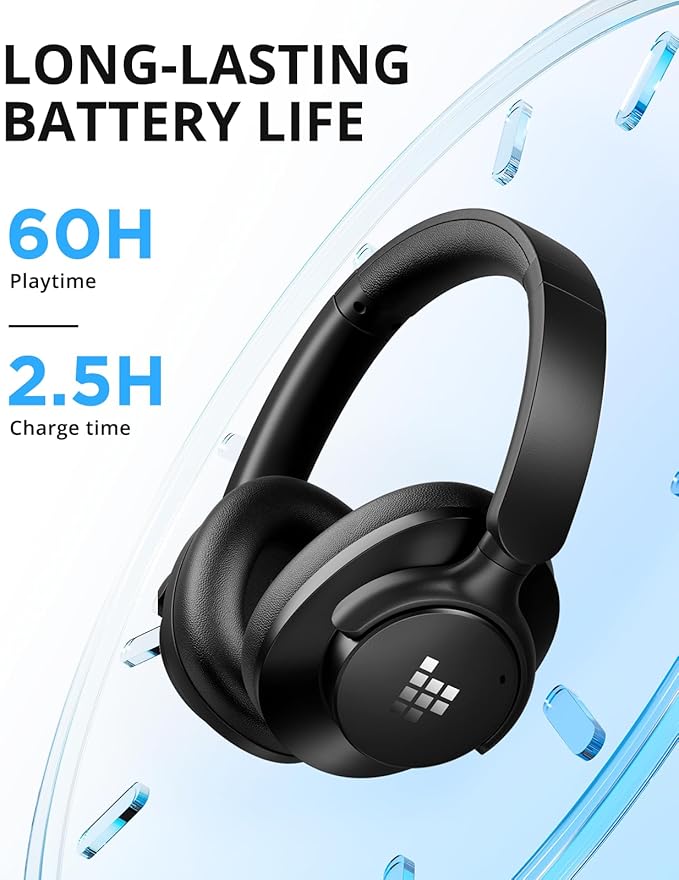 Tronsmart Sounfii Q20 Active Noise Cancelling Headphones, Wireless Over Ear Headphones, 60H Playtime, Rich-Detailed Sound, Customize EQ, Comfort Fit Ear Cups, for Travel, Home Office(Black)