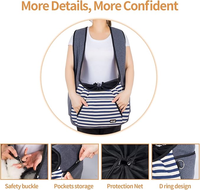 NATUYA Dog Sling Carrier Puppy Carrier, Adjustable Pet Front Sling Carrier Travel Bag with Bottom Pad, Pet Carrier for Small Dog Cat Puppy Traveling Hiking Camping (Bule Strip, 8-15 lb)