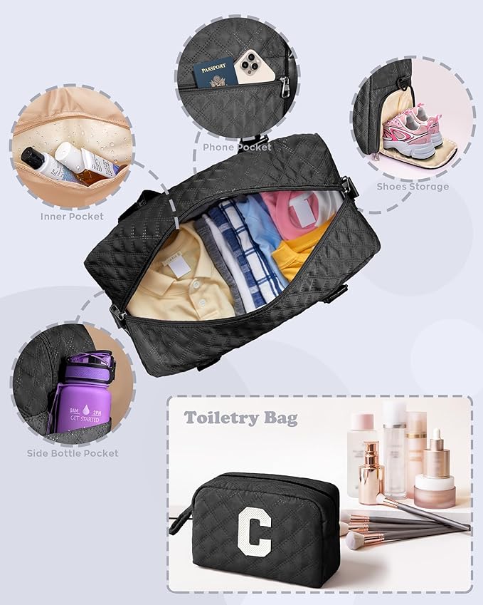 Elilier Initial Gym Bag for Girls, Kids Travel Duffel Bag, Graduation Gifts for Her, Personalized Weekender Bag with Shoes Compartment, Gifts for Mom, Girls Gifts for Kids
