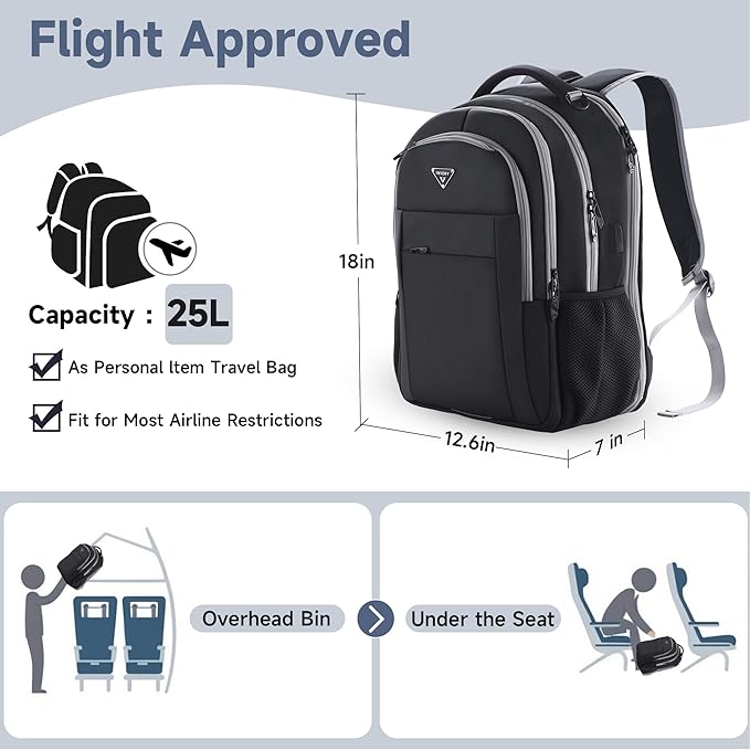 Multipocket TSA Black Travel Laptop Backpack for Men, Anti-Theft Work Business Backpack with USB Charging Port, Airline Approved Personal Item Bag,Water-Resistant Computer Bag Fits 16 Inch Notebook