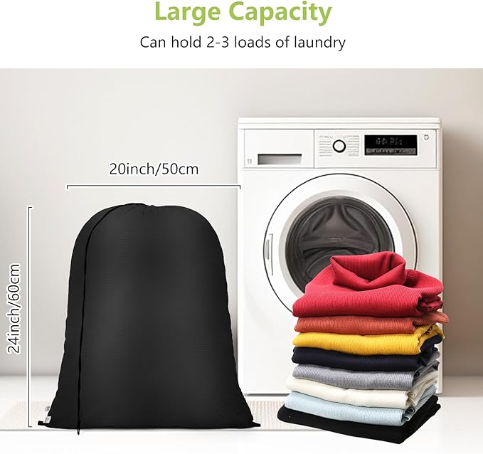 OTraki 20 x 24 inch Laundry Bag 2 Pack Travel Laundry Bags Medium Washable Dirty Clothes Bag Organizer with Drawstring Closure for Camp Home College Dorm Fit Laundry Hamper or Basket Black