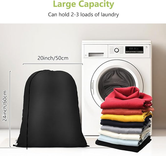 OTraki 20 x 24 inch Laundry Bag 2 Pack Travel Laundry Bags Medium Washable Dirty Clothes Bag Organizer with Drawstring Closure for Camp Home College Dorm Fit Laundry Hamper or Basket Black