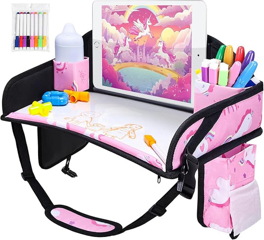 WENRENER Kids Travel Tray, Car Seat Tray for kids Travel, Toddler Road Trip Essentials With Drawing Kit, Toddler Lap Desk Organizer for Car, Carseat Table for Airplane
