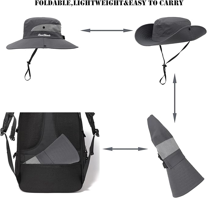 Womens Summer Sun Hat Beach Hat Wide Brim Outdoor UV Protection Hat Foldable Cool Mesh Ponytail Bucket Hat
