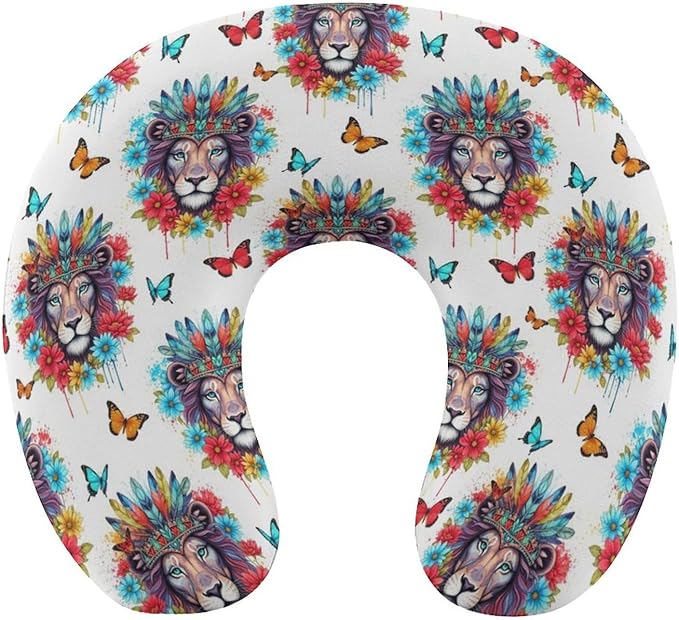 Pain Relief Travel Pillow Memory Foam Chin Support Colorful Lion Flowers Floral, Breathable Washable Cover for Airplane Car Office