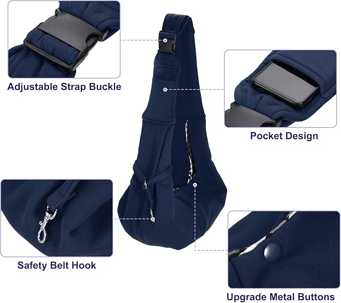 PETAXCELL Dog and Cat Sling Carrier Up to 16.5 Lbs, Hand-Free Reversible Pet Sling Carrier with Adjustable Strap and Pocket, (Dark Blue, 1 Pcs) Intended for Hiking/Camping/Traveling