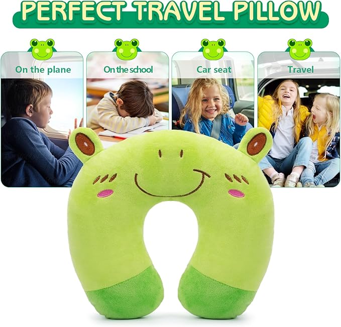 H HOMEWINS Travel Pillow for Kids,Cute Animal Neck Pillow for Boys Girls,Soft Neck Head Chin Support Pillow,Travel Accessories for Airplane, Car, Train,Recline(Frog)