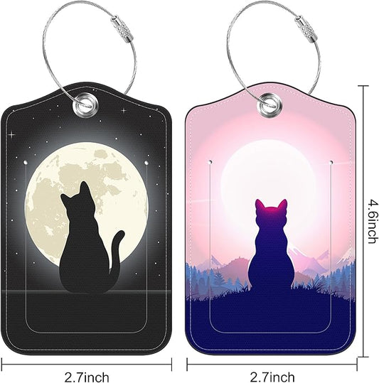 2 Pack Luggage Tag for Suitcase Black Cat The Night Sky Leather Suitcase Tags with Privacy Name ID Label and Stainless Steel Loop for Travel Bag