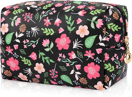 Floral Waterproof Makeup Bag, Leather Cosmetic Bag with Compartments, Zipper Make up Pouch Organizer, Portable Storage Travel Toiletry Bag Gifts for Women Girls(Black Flower)