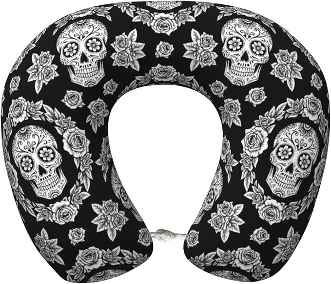 Travel Neck Pillows for Sleeping Rest Car Airplanes Black and White Floral Day of The Dead Mexican Sugar Skulls, Memory Foam with Removable Breathable Zipper Cover Washable for Men Women