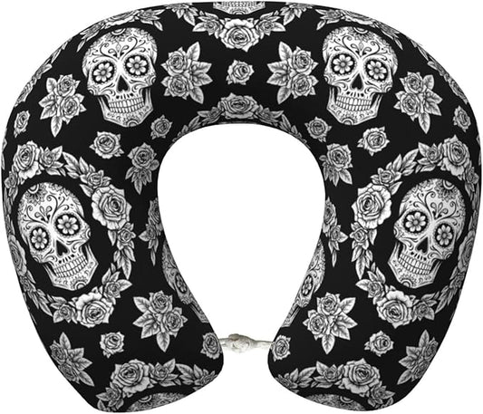 Travel Neck Pillows for Sleeping Rest Car Airplanes Black and White Floral Day of The Dead Mexican Sugar Skulls, Memory Foam with Removable Breathable Zipper Cover Washable for Men Women