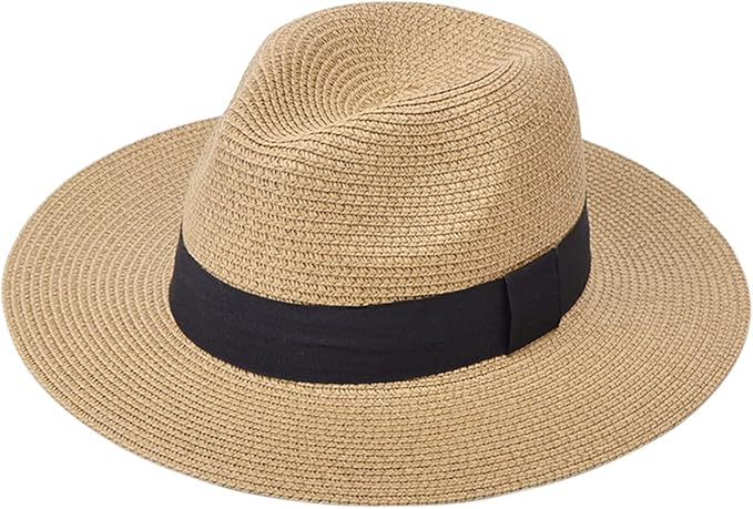 DRESHOW Women Straw Panama Hat Travel Fedora Beach Sun Hat Summer Wide Brim Straw Roll up Hat UPF 50+