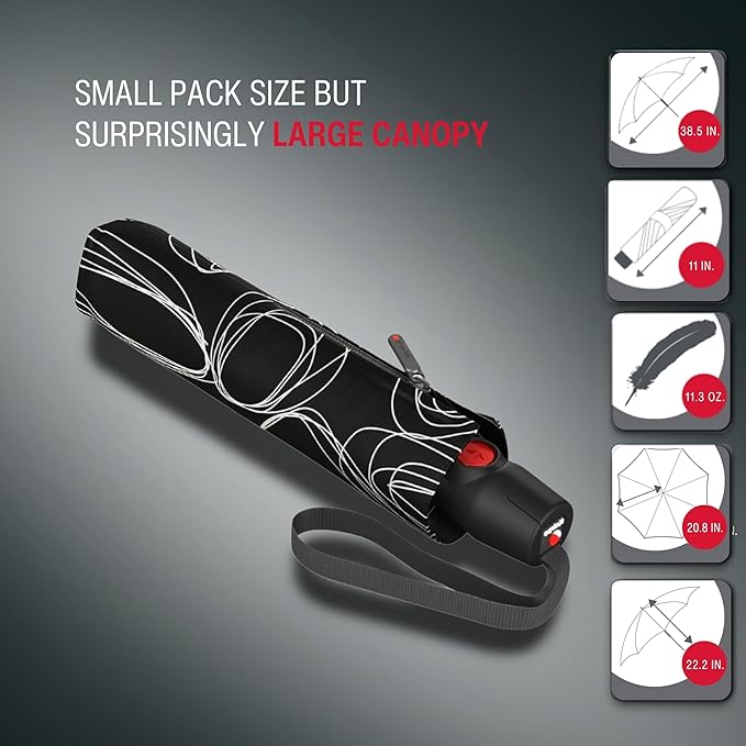 Knirps T.200 Duomatic Compact Rain Umbrella in Pure Black– Wind Tunnel Tested to 93 mph, Aluminum Steel Fiberglass Frame, 38in Canopy, OEKO-TEX, High-Performance Automatic Travel Umbrellas