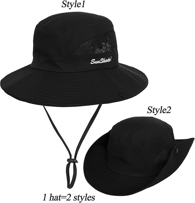 Women's Outdoor UV-Protection-Foldable Sun-Hats Mesh Wide-Brim Beach Fishing Hat with Ponytail-Hole