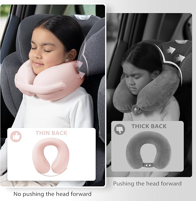 Car Pillow for Big Kids Travel Neck Pillows, Memory Foam Neck Support Travelling Pillow with Washable Cotton Pillowcases and Storage Bag, for Airplane, Train, Flight and Home Use Pink