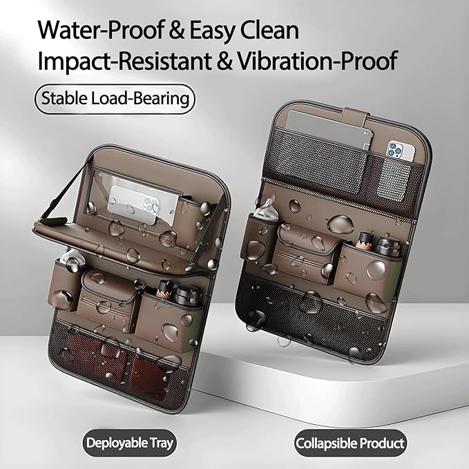 FASTAGEI Universal Foldable Car Backseat Organizer with Table Tray, Car Seat Back Protector with Touch Screen Phone Holder, Premium Leather Kick Mats with Storage Pockets Tissue Holder (Brown)