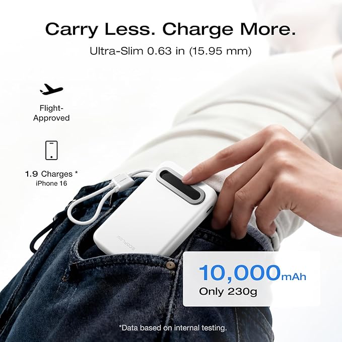 EF ECOFLOW Rapid Mag Power Bank 10,000mAh, Qi2.2 25W Wireless Charging, 0.6'' Slim Magnetic Portable Charger, Built-in USB-C Cable, Qi2 Certified Magsafe-Compatible Battery for iPhone 17/16/15, White